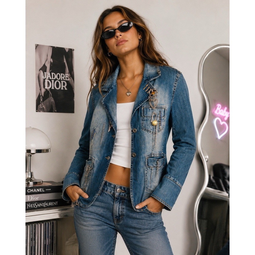 Alberto Makali Y2K Glam Embellished Statement, Denim Blazer Festival Sz M/L